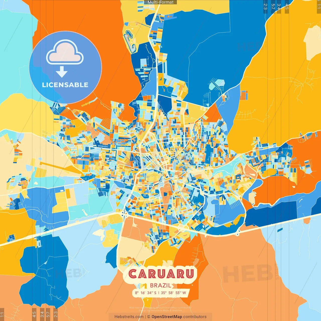 Caruaru, Brazil blue and orange vector art map template