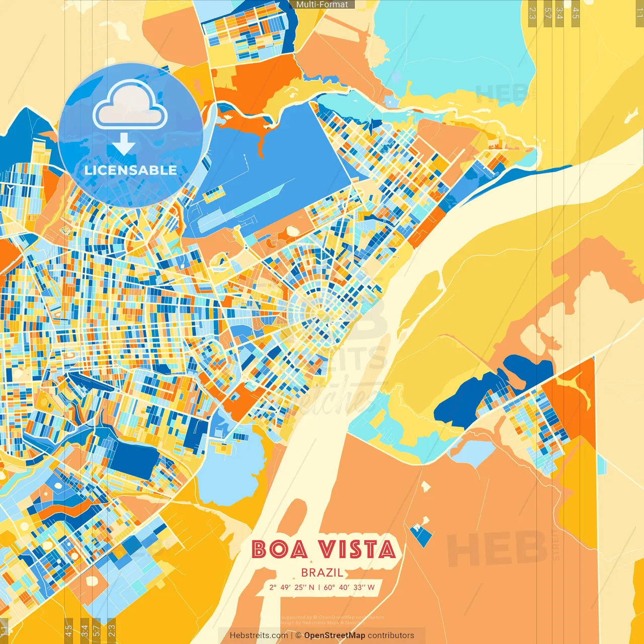 Boa Vista, Brazil blue and orange vector art map template