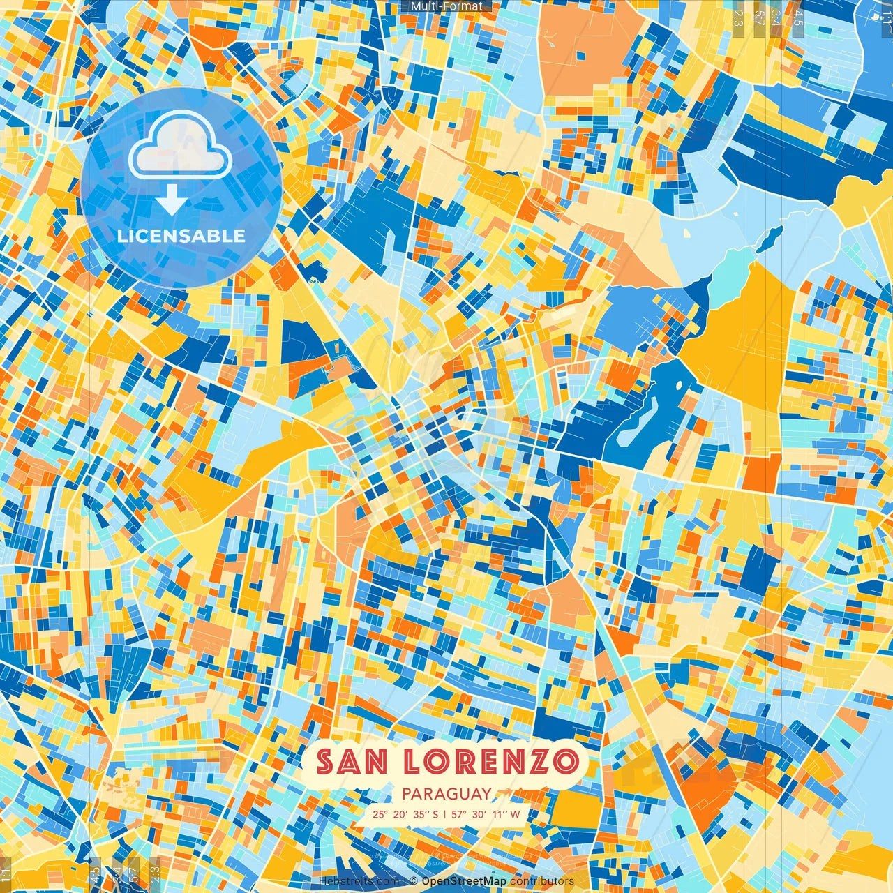 San Lorenzo, Paraguay blue and orange vector art map template