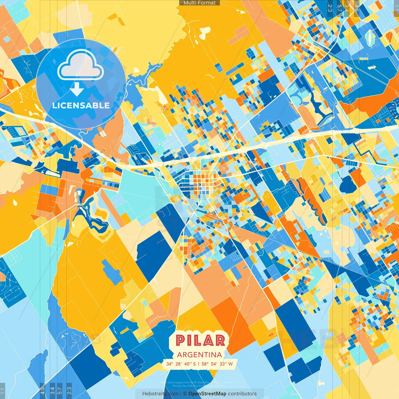 Pilar, Argentina blue and orange vector art map template
