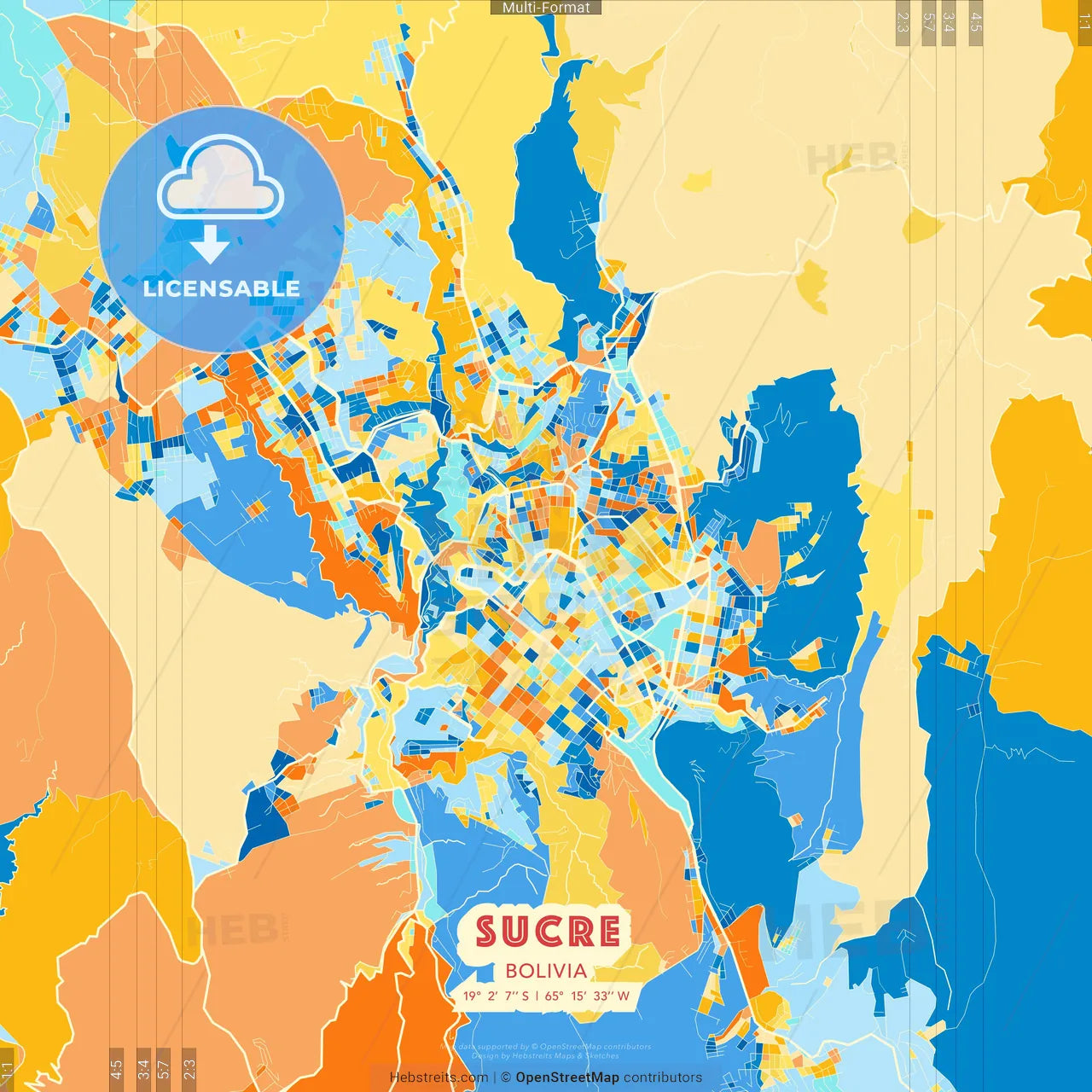 Sucre, Bolivia blue and orange vector art map template
