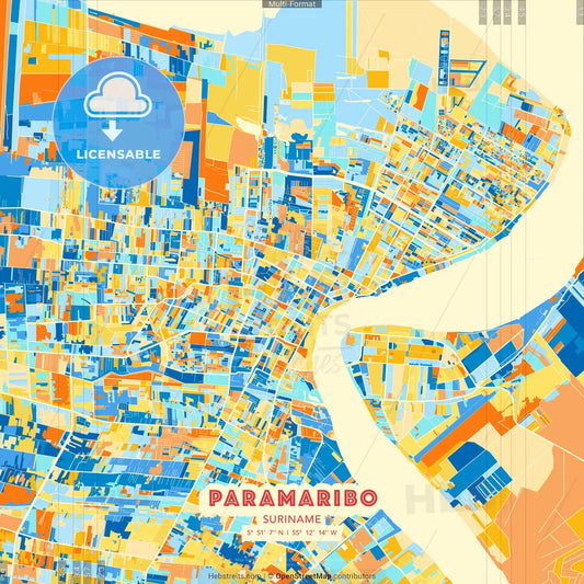 Paramaribo, Suriname blue and orange vector art map template