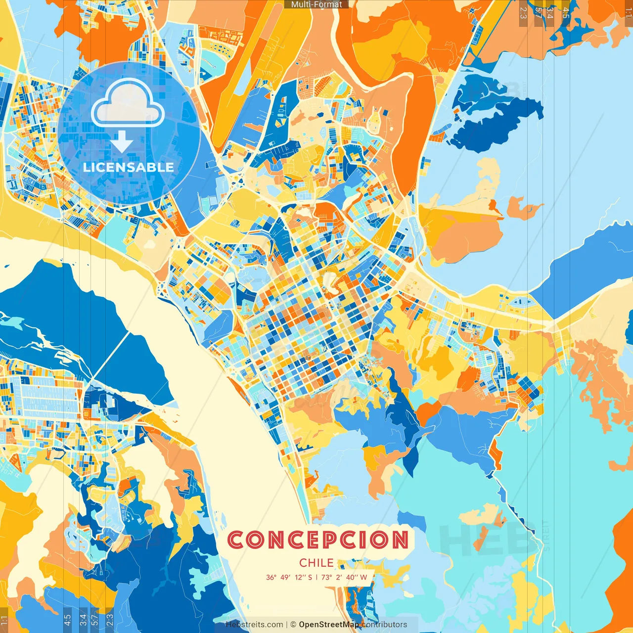 Concepcion, Chile blue and orange vector art map template