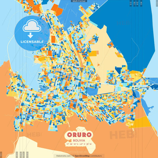 Oruro, Bolivia blue and orange vector art map template