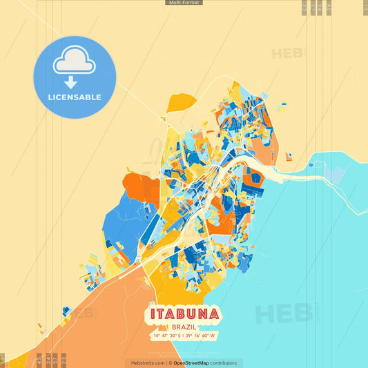 Itabuna, Brazil blue and orange vector art map template