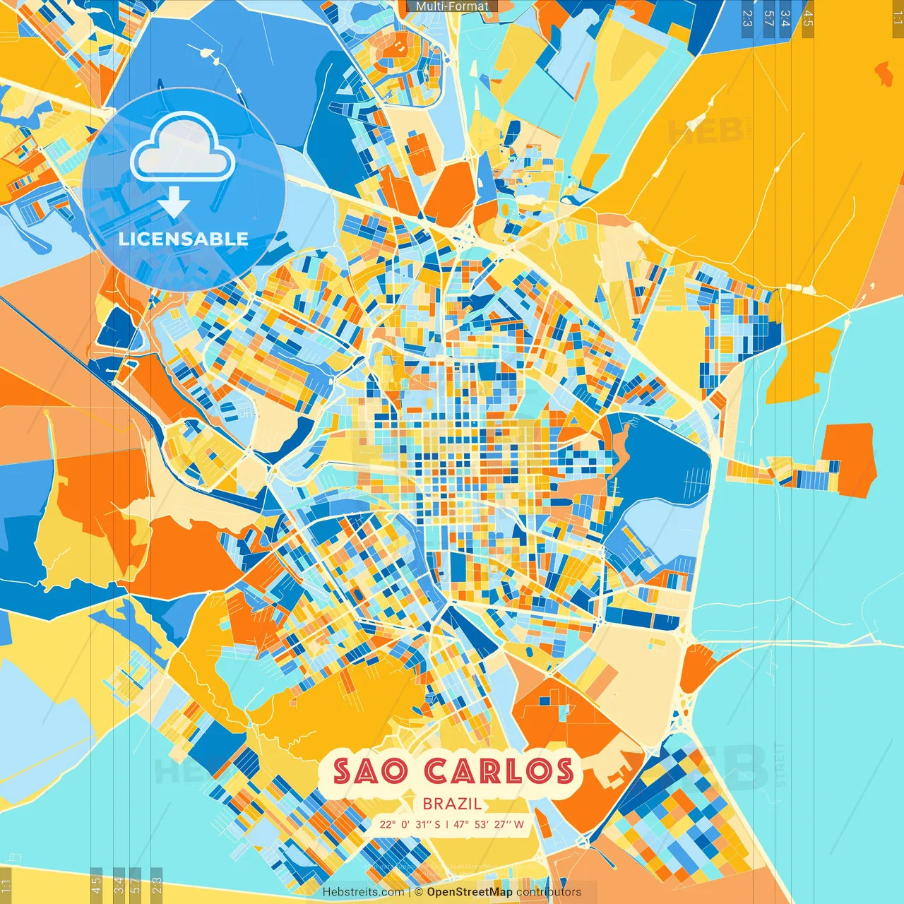 Sao Carlos, Brazil blue and orange vector art map template