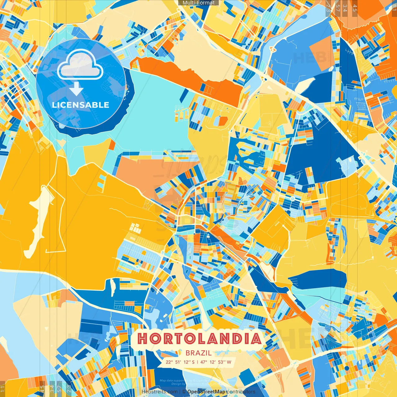 Hortolandia, Brazil blue and orange vector art map template