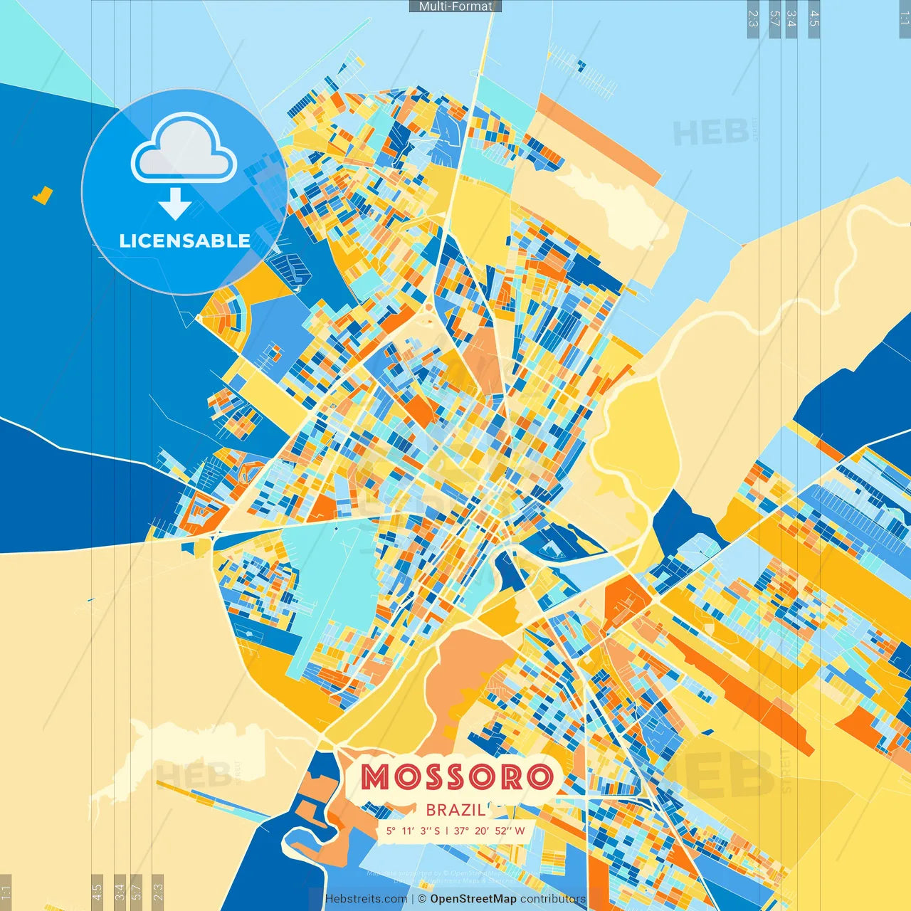 Mossoro, Brazil blue and orange vector art map template