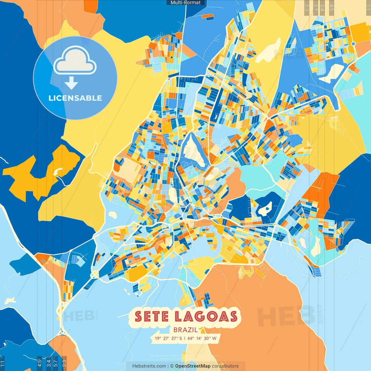 Sete Lagoas, Brazil blue and orange vector art map template