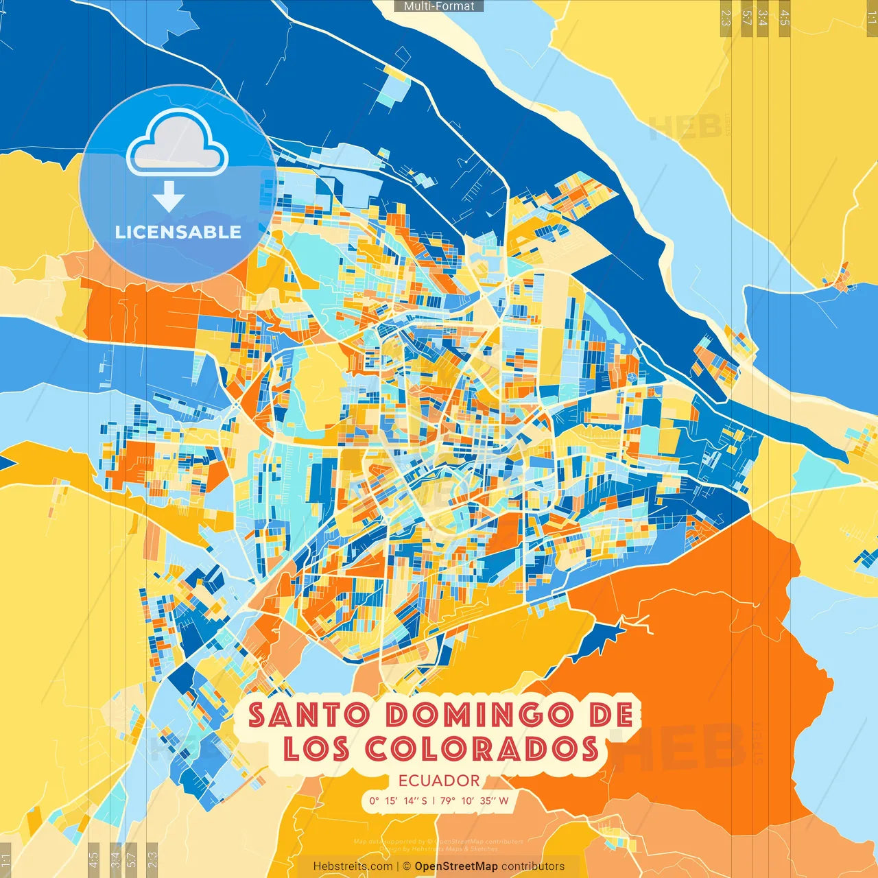Santo Domingo de los Colorados, Ecuador blue and orange vector art map template