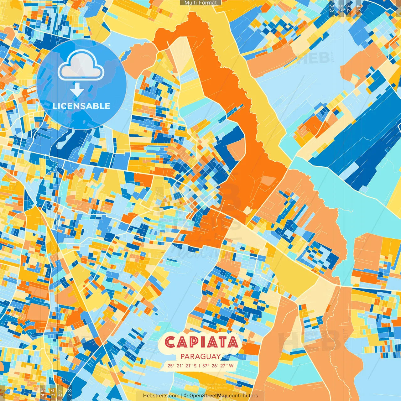 Capiata, Paraguay blue and orange vector art map template