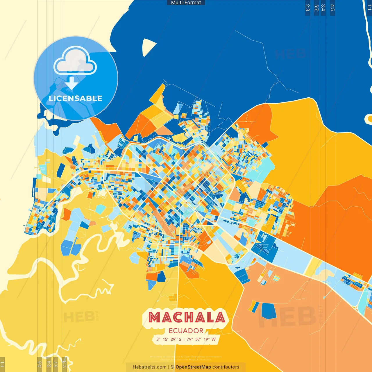 Machala, Ecuador blue and orange vector art map template