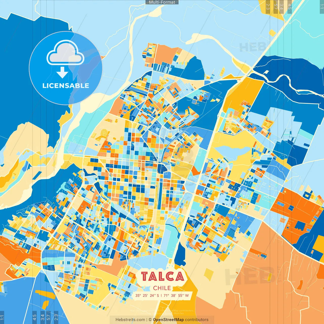 Talca, Chile blue and orange vector art map template