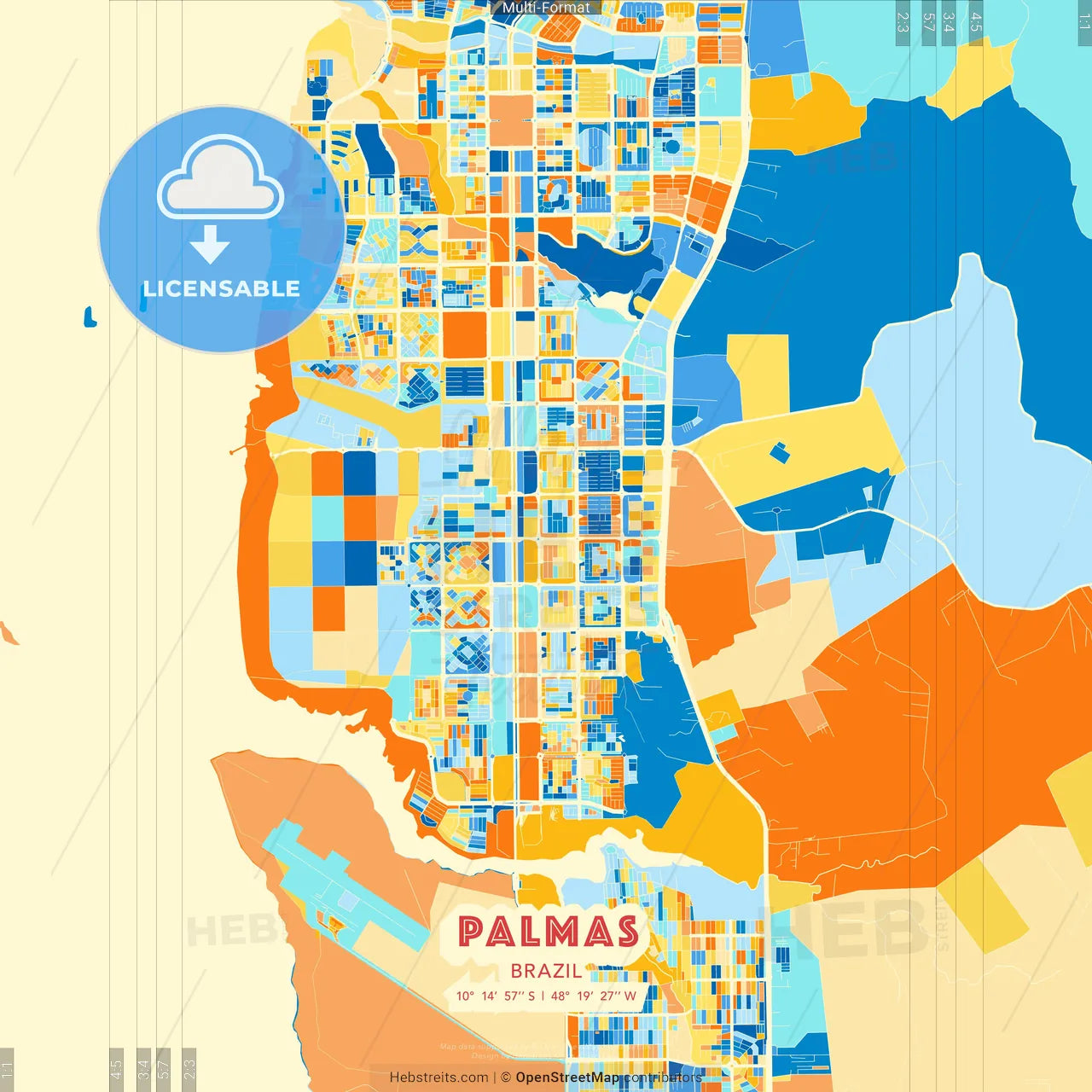 Palmas, Brazil blue and orange vector art map template
