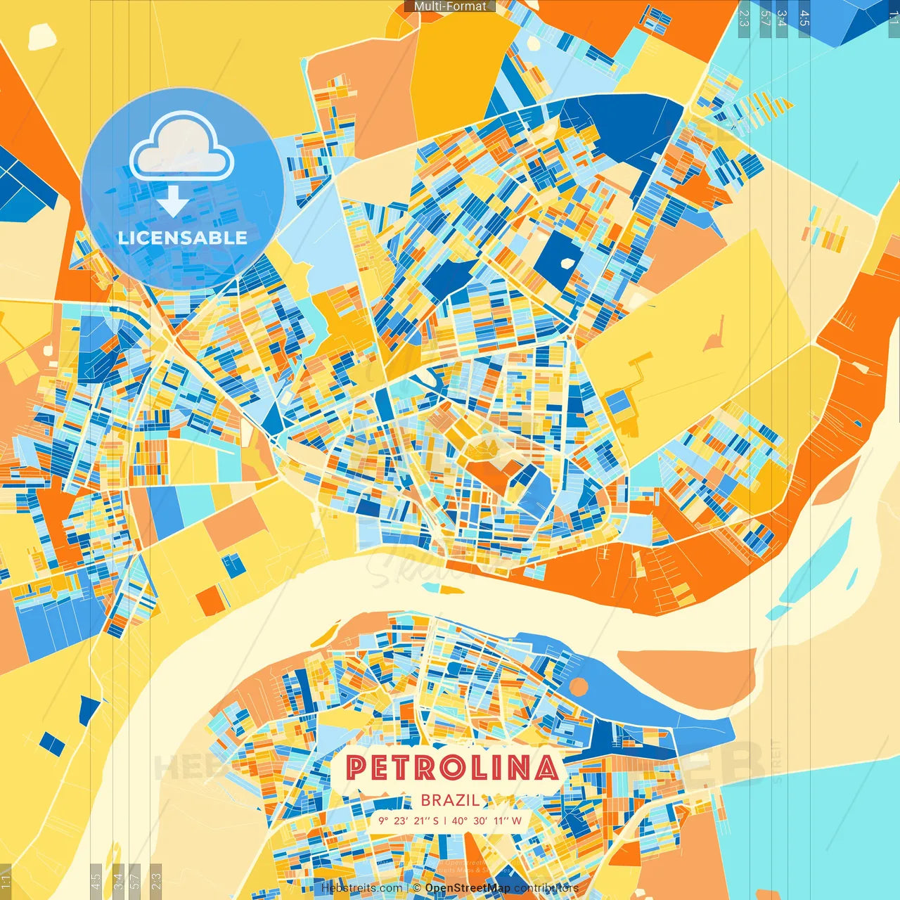 Petrolina, Brazil blue and orange vector art map template