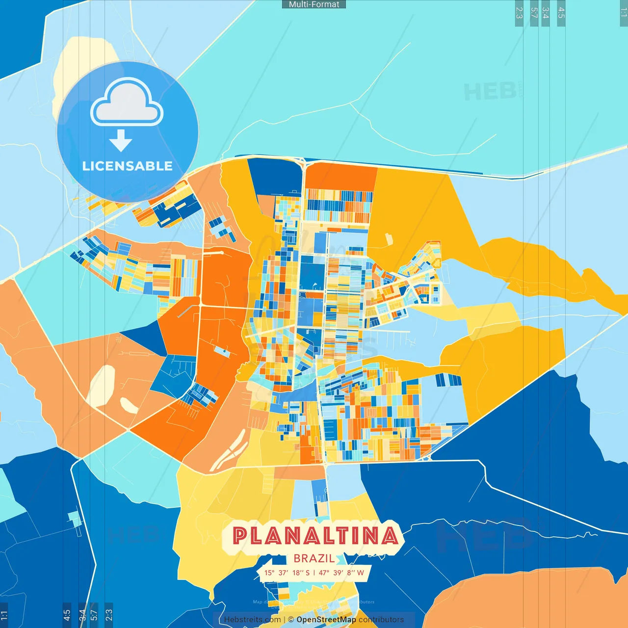 Planaltina, Brazil blue and orange vector art map template