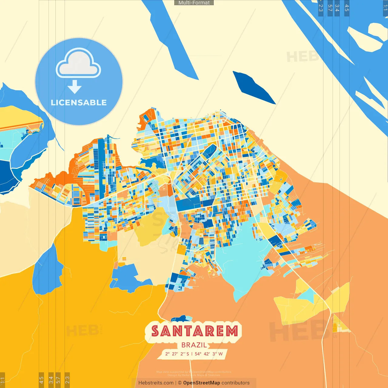 Santarem, Brazil blue and orange vector art map template