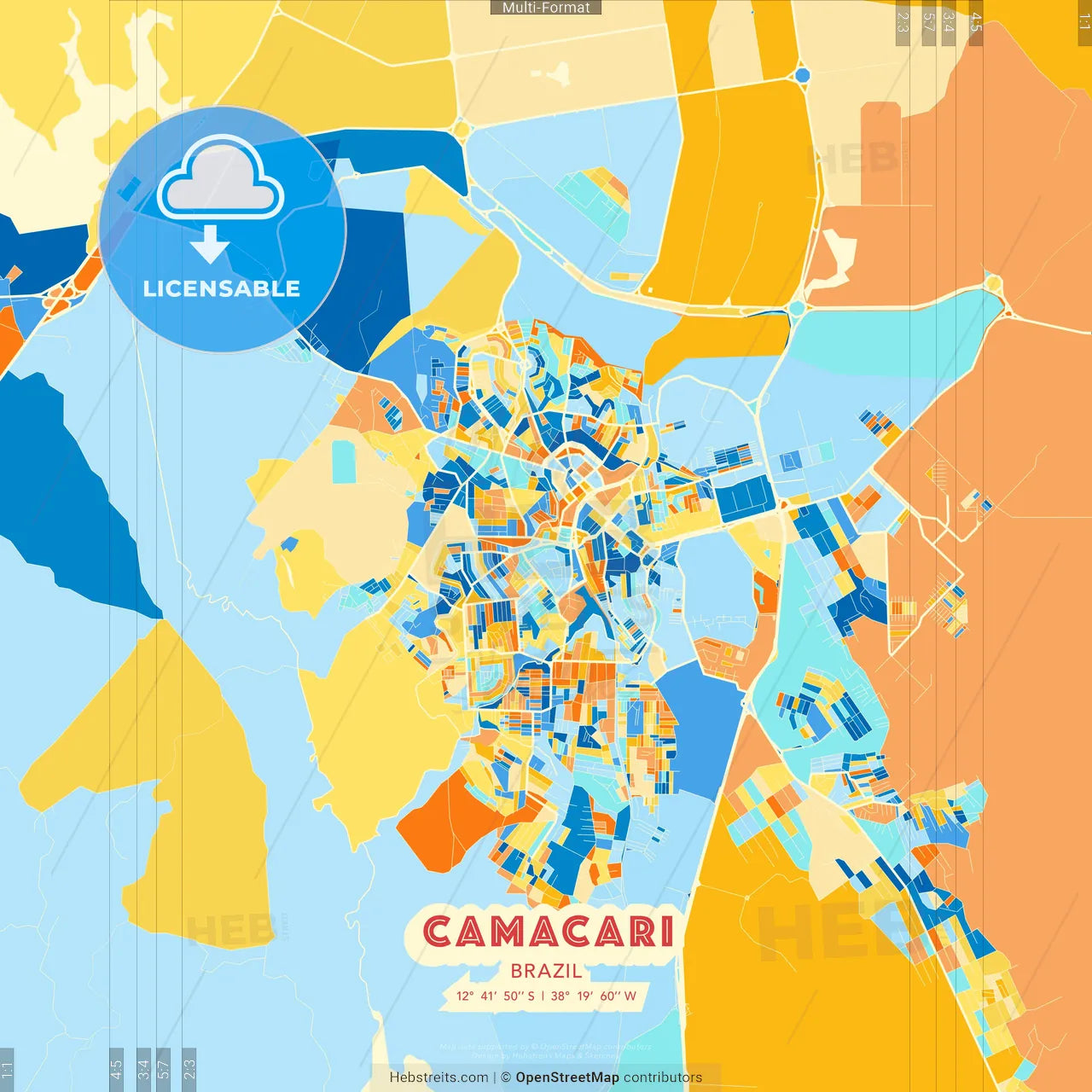 Camacari, Brazil blue and orange vector art map template