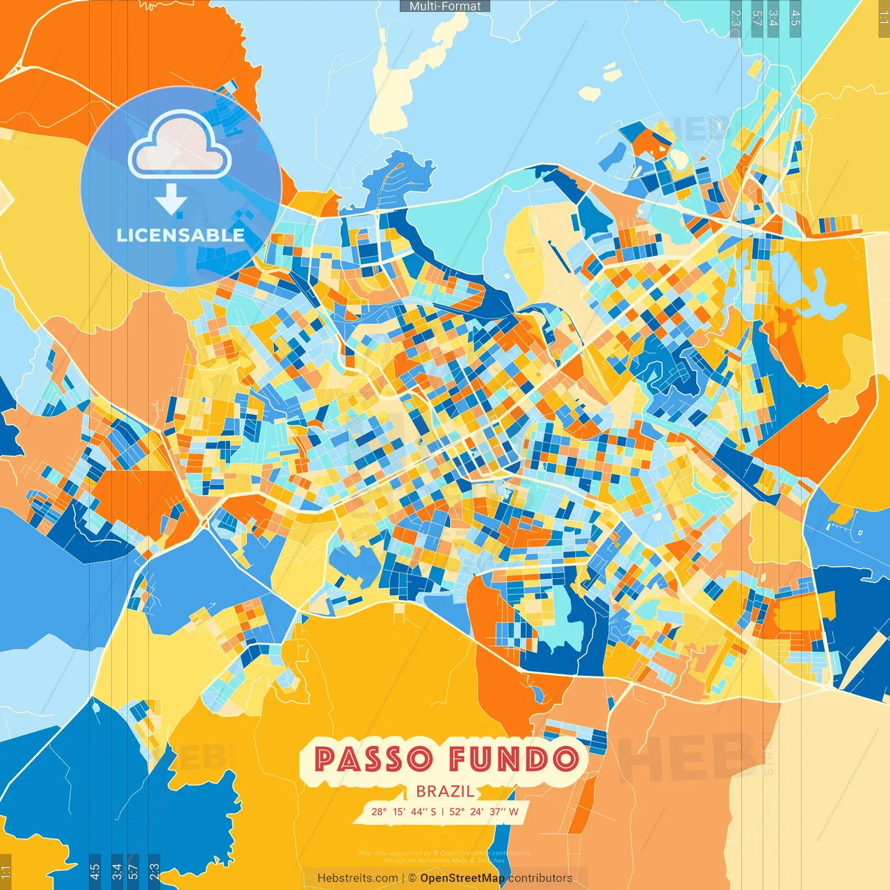 Passo Fundo, Brazil blue and orange vector art map template