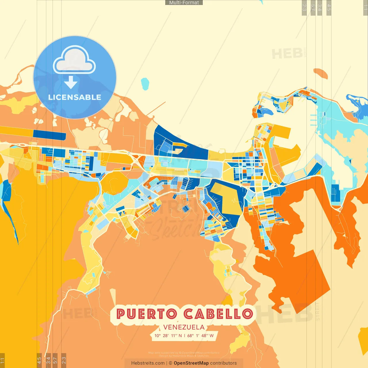 Puerto Cabello, Venezuela blue and orange vector art map template