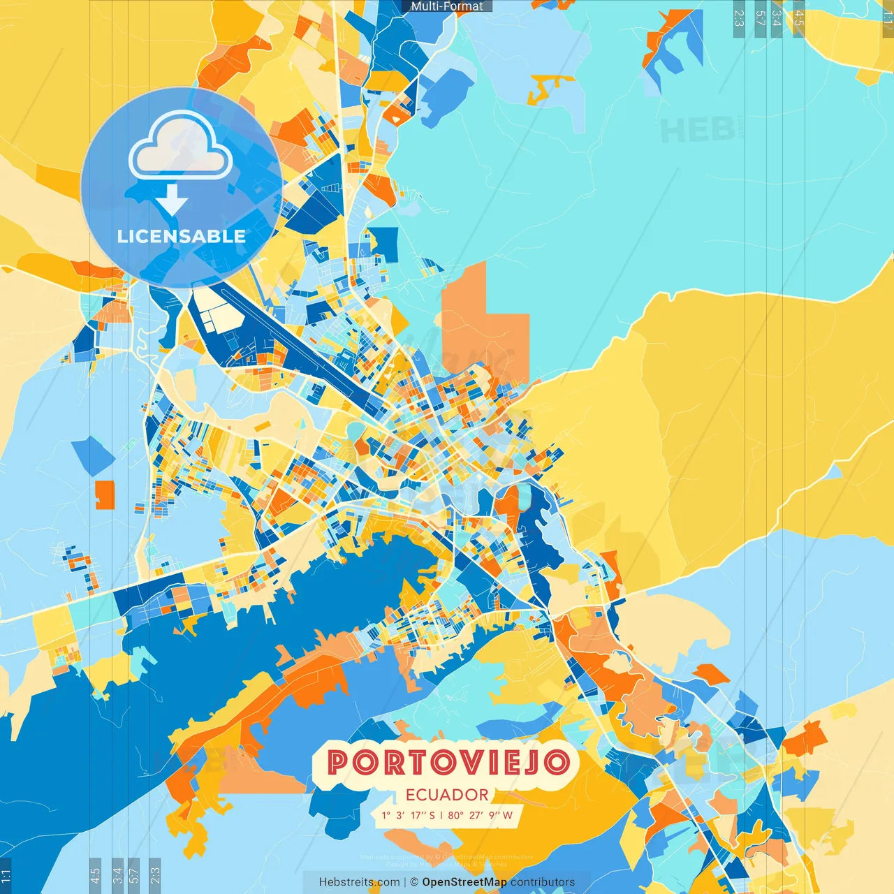 Portoviejo, Ecuador blue and orange vector art map template
