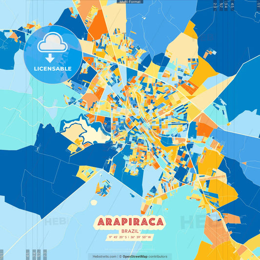 Arapiraca, Brazil blue and orange vector art map template