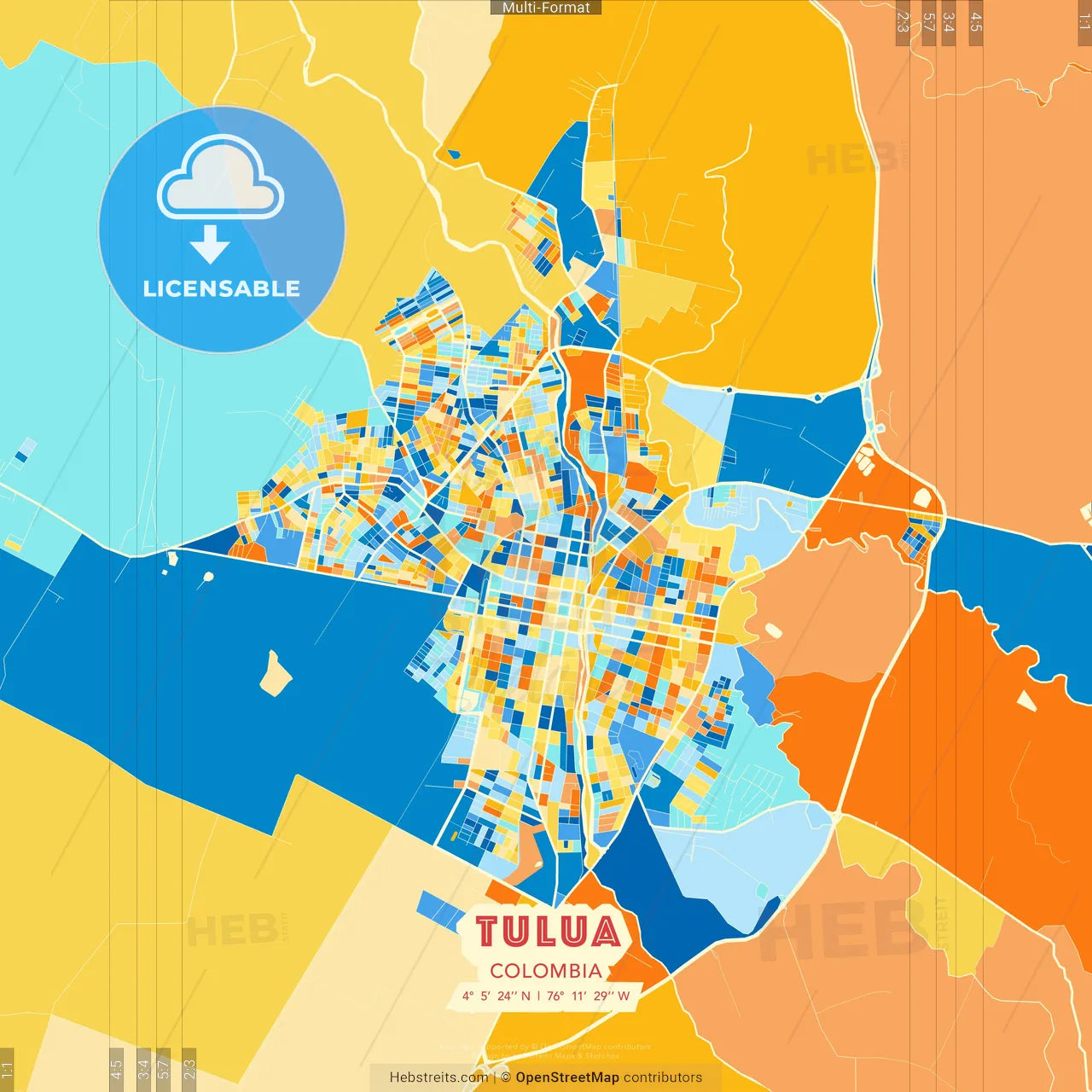Tulua, Colombia blue and orange vector art map template