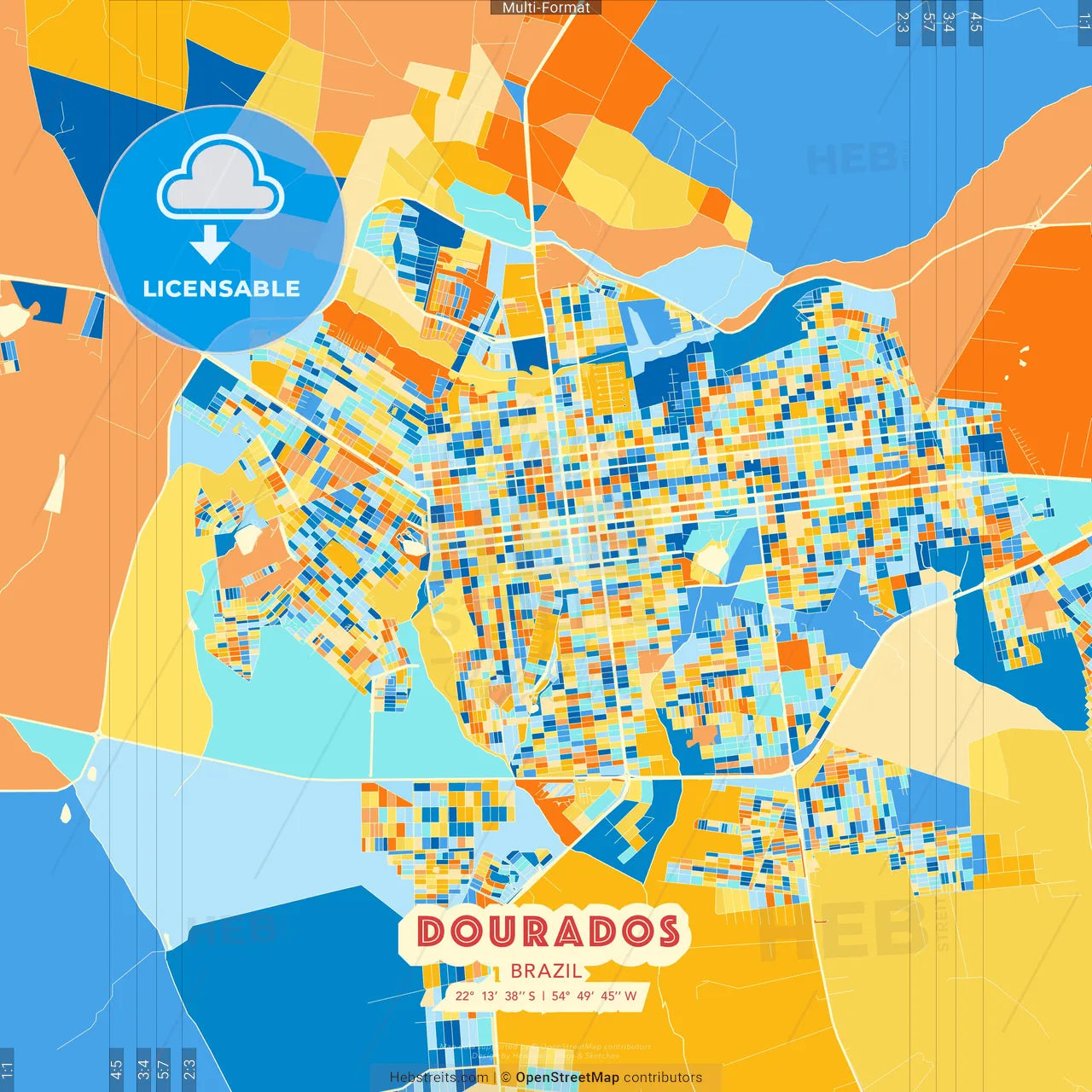 Dourados, Brazil blue and orange vector art map template