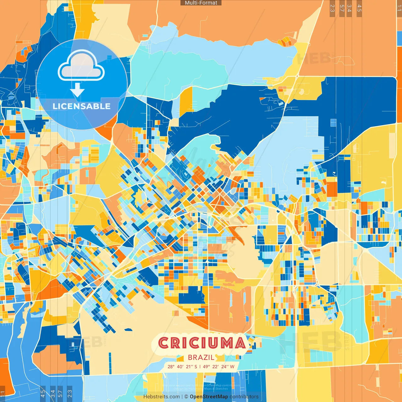 Criciuma, Brazil blue and orange vector art map template