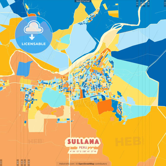 Sullana, Peru blue and orange vector art map template