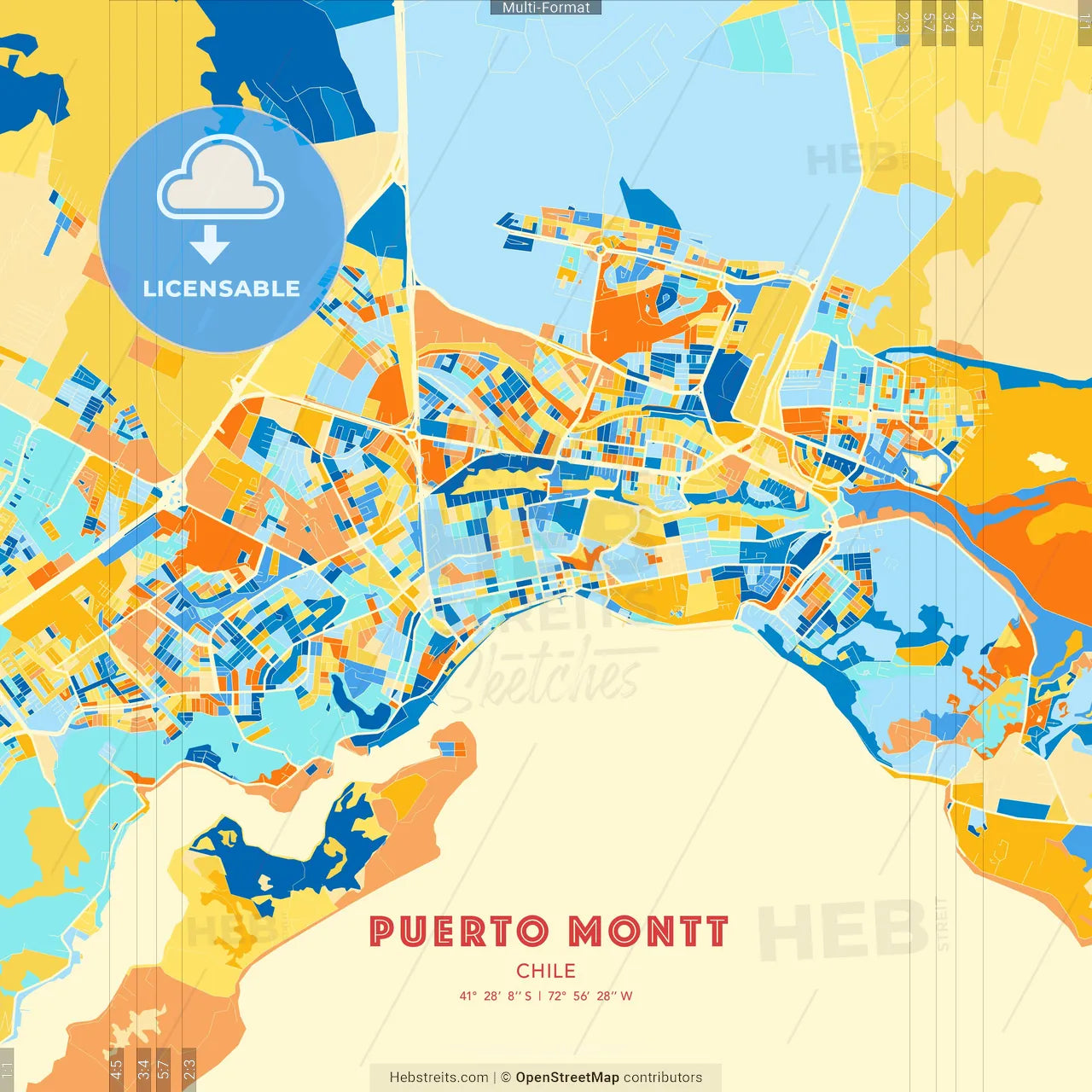 Puerto Montt, Chile blue and orange vector art map template