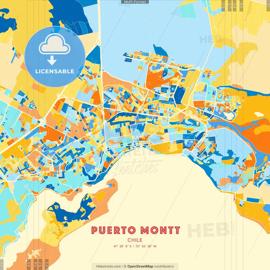 Puerto Montt, Chile blue and orange vector art map template