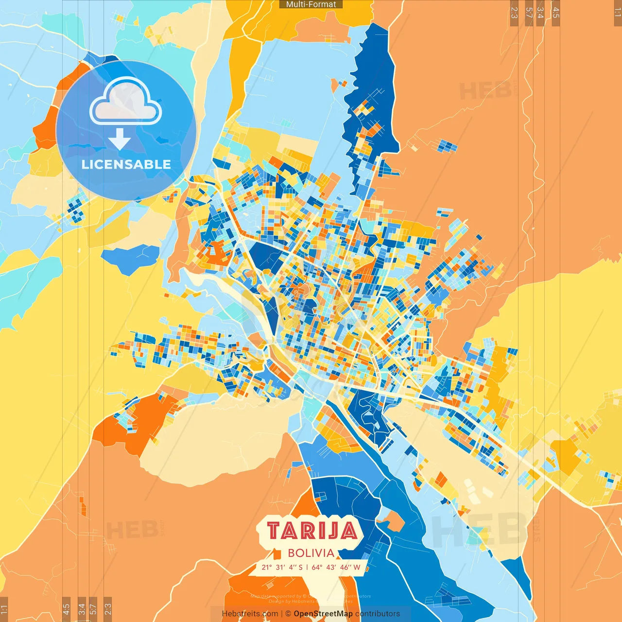 Tarija, Bolivia blue and orange vector art map template