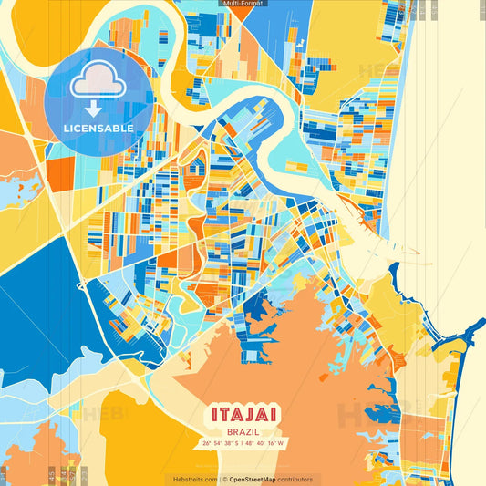 Itajai, Brazil blue and orange vector art map template