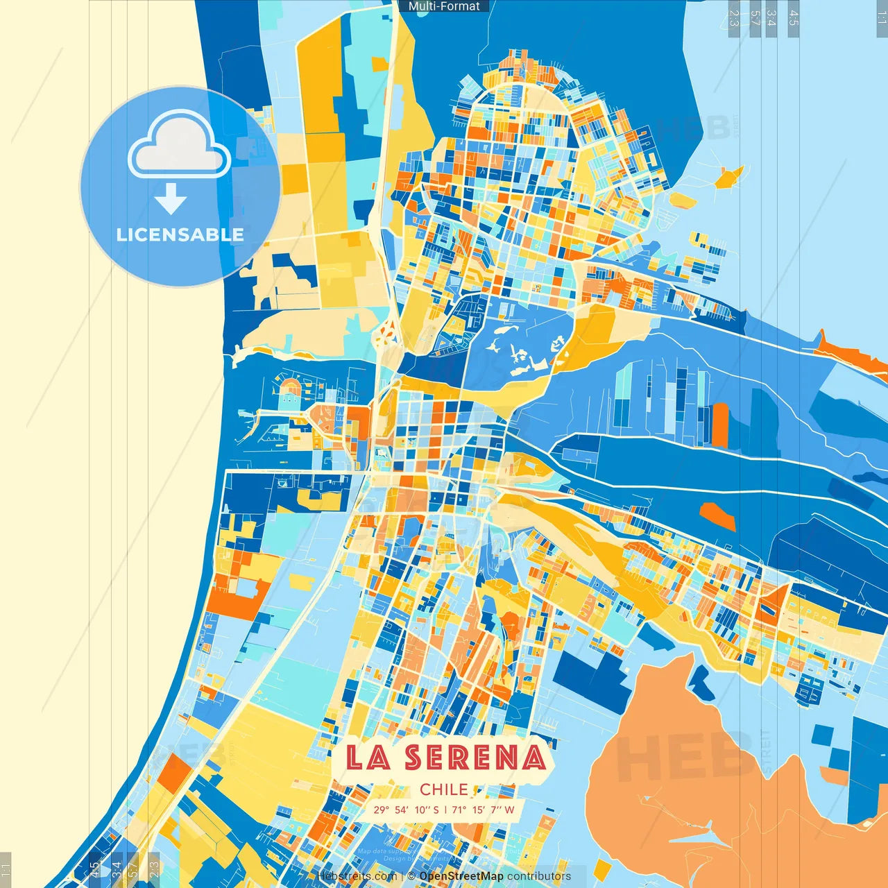 La Serena, Chile blue and orange vector art map template