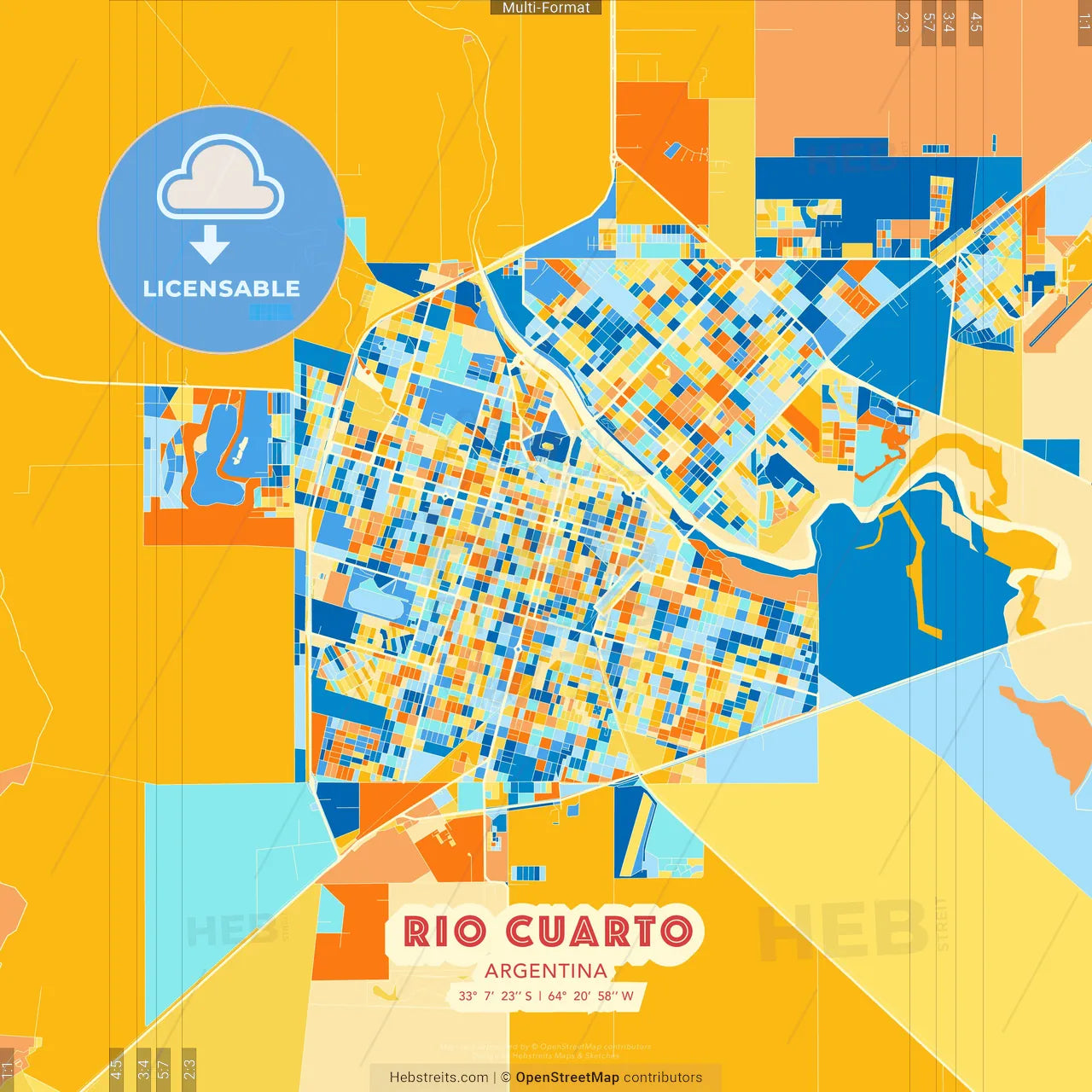 Rio Cuarto, Argentina blue and orange vector art map template