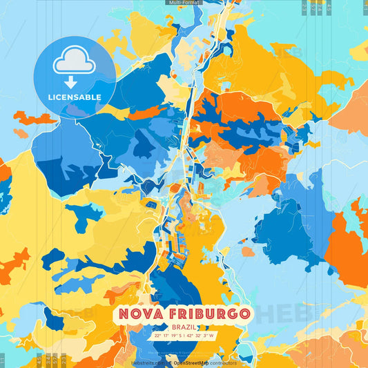 Nova Friburgo, Brazil blue and orange vector art map template