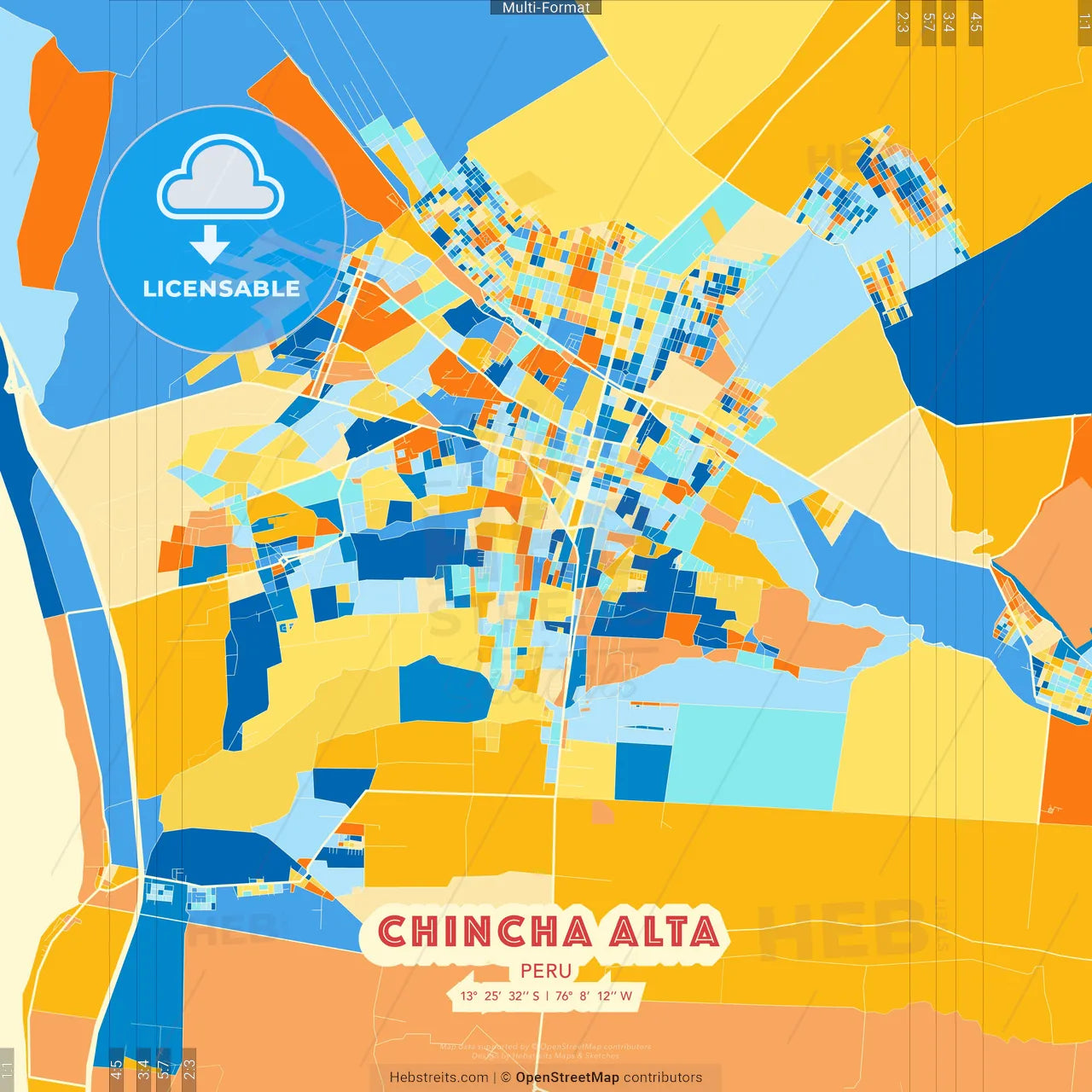 Chincha Alta, Peru blue and orange vector art map template