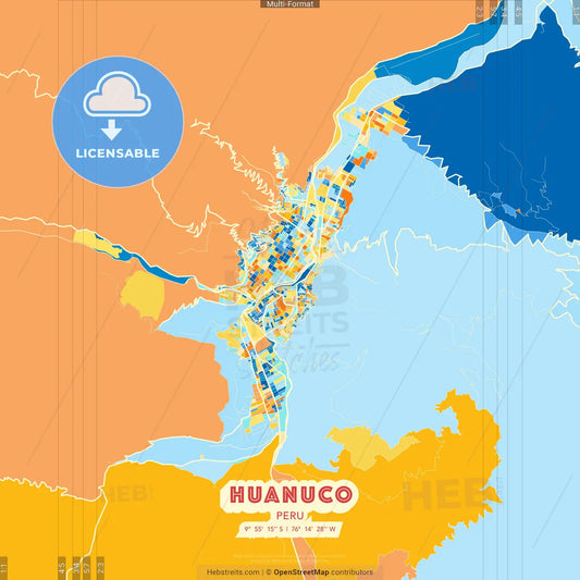 Huanuco, Peru blue and orange vector art map template