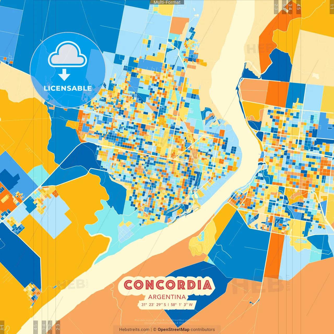Concordia, Argentina blue and orange vector art map template