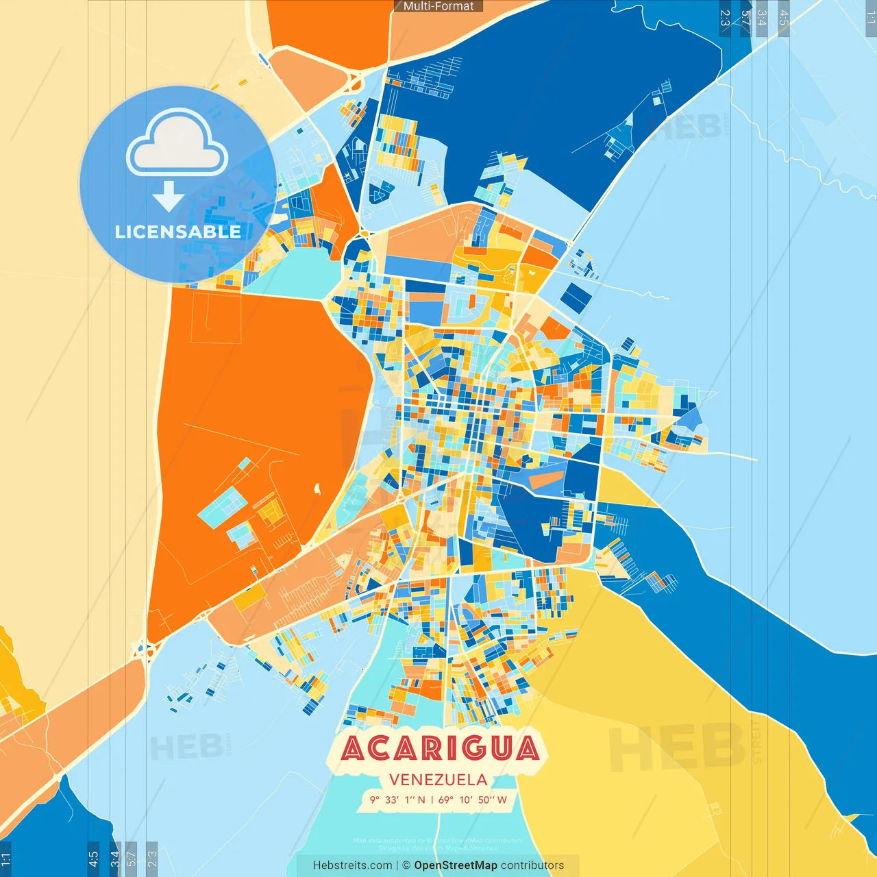 Acarigua, Venezuela blue and orange vector art map template