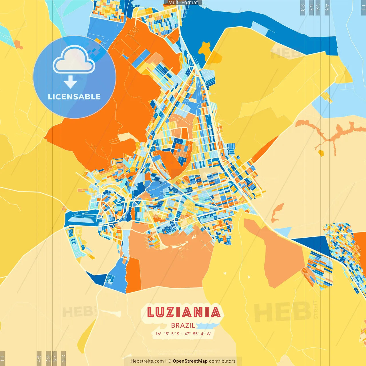 Luziania, Brazil blue and orange vector art map template