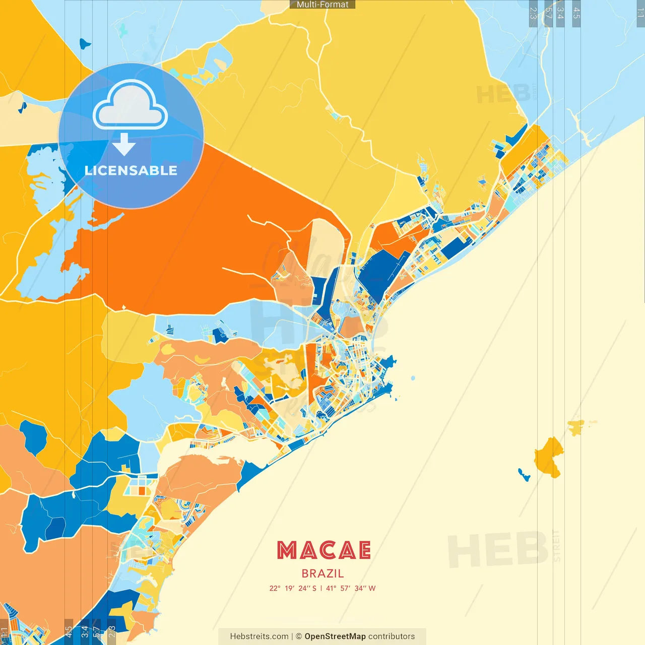 Macae, Brazil blue and orange vector art map template