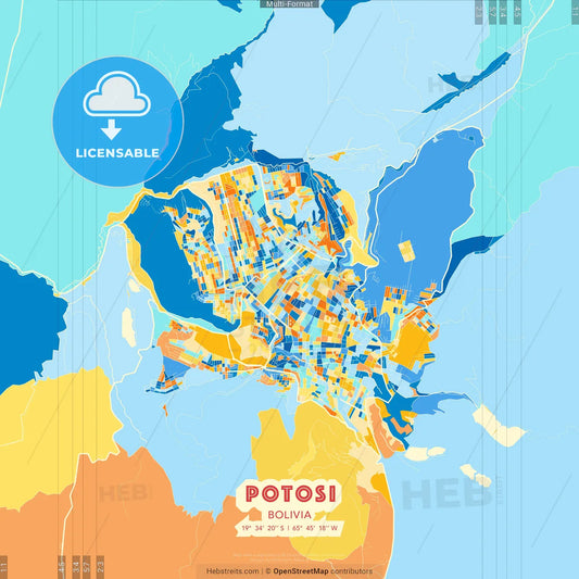Potosi, Bolivia blue and orange vector art map template