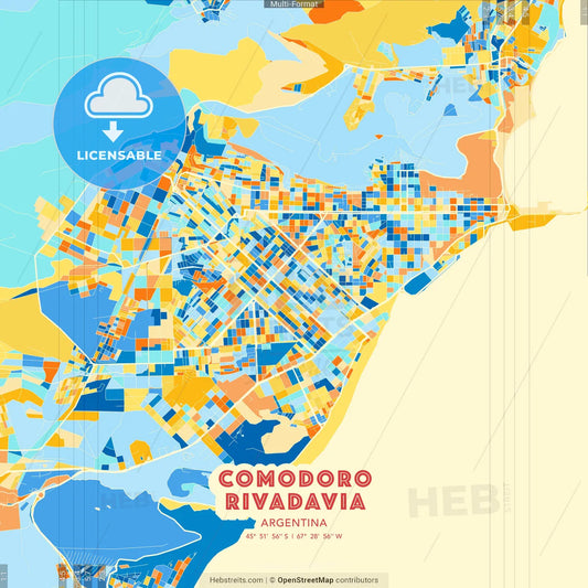 Comodoro Rivadavia, Argentina blue and orange vector art map template