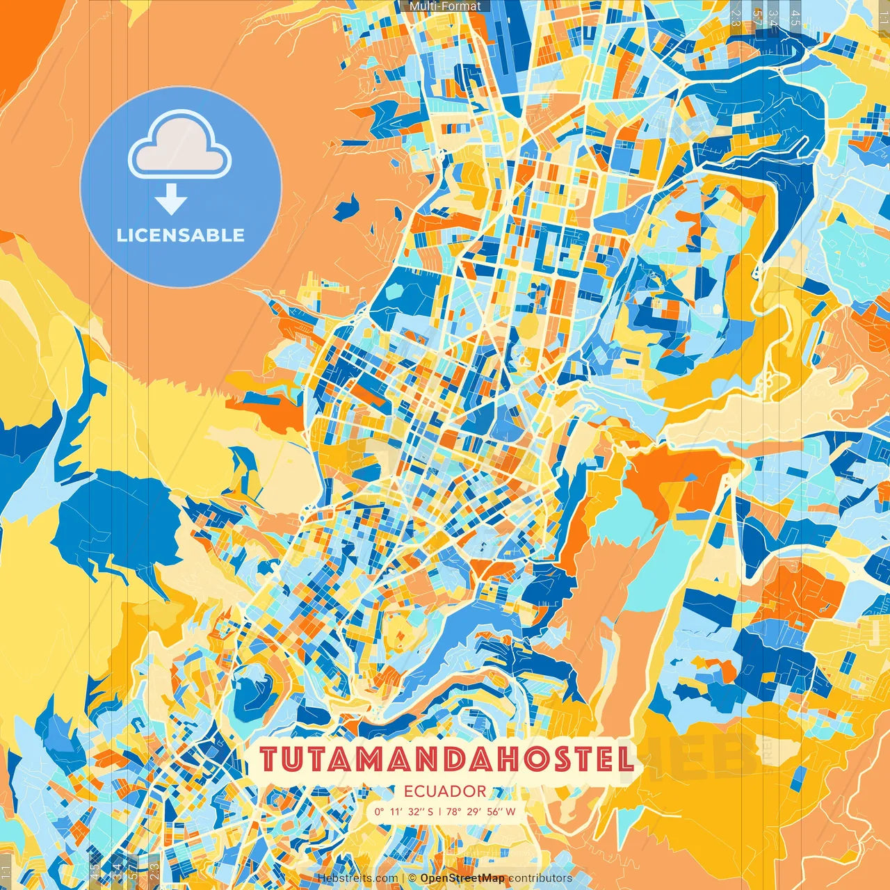 Tutamandahostel, Ecuador blue and orange vector art map template