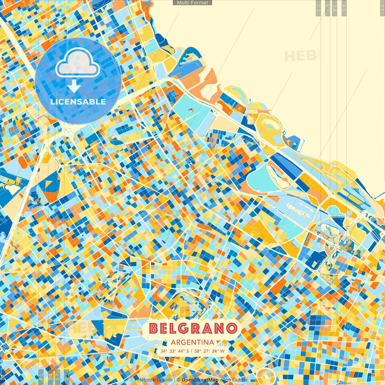 Belgrano, Argentina blue and orange vector art map template