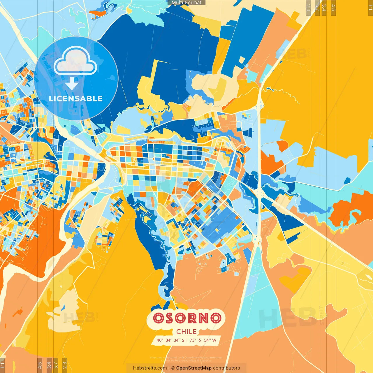 Osorno, Chile blue and orange vector art map template