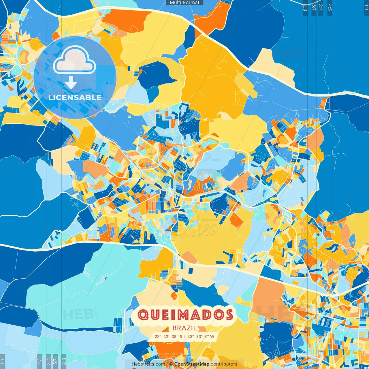 Queimados, Brazil blue and orange vector art map template