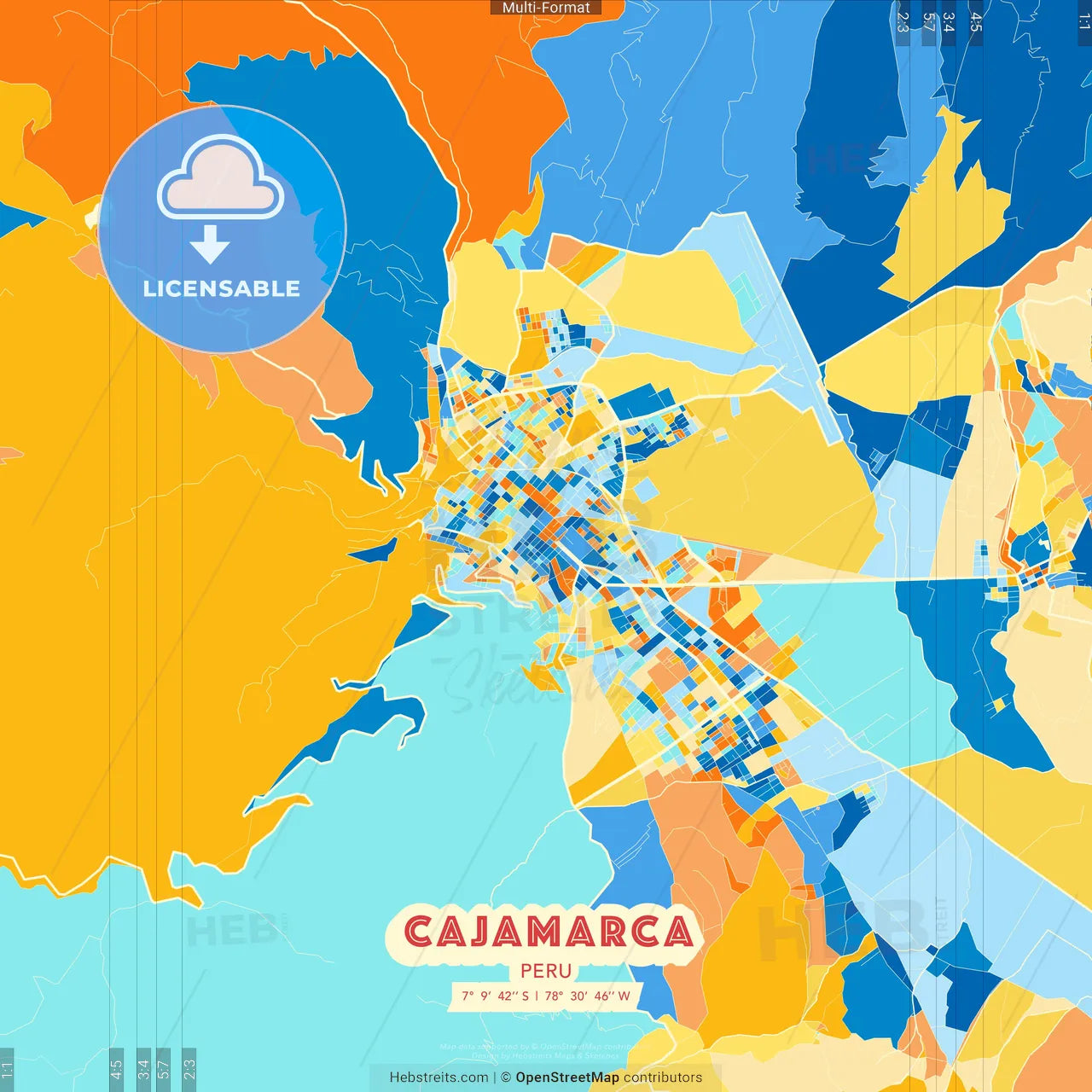 Cajamarca, Peru blue and orange vector art map template